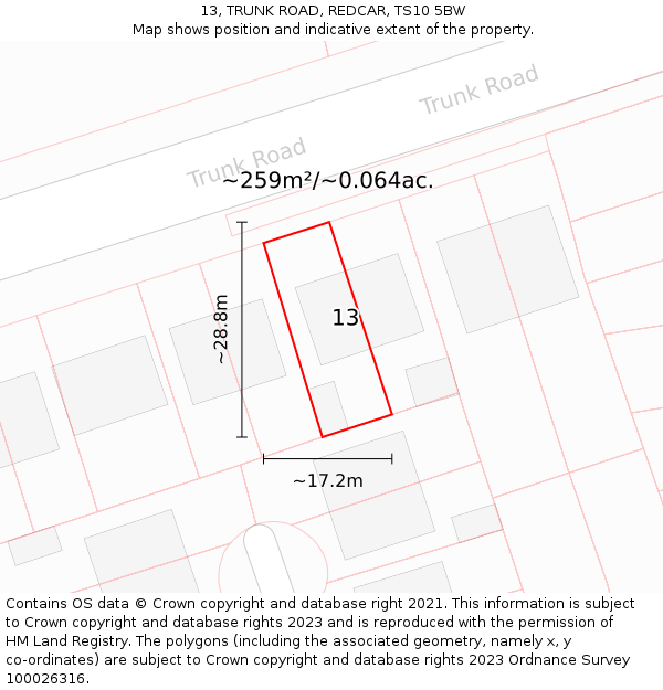 13, TRUNK ROAD, REDCAR, TS10 5BW: Plot and title map