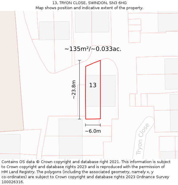 13, TRYON CLOSE, SWINDON, SN3 6HG: Plot and title map