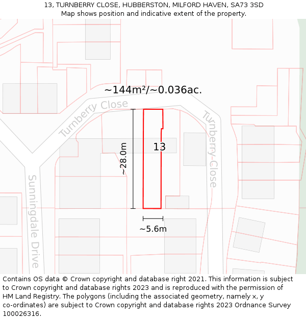 13, TURNBERRY CLOSE, HUBBERSTON, MILFORD HAVEN, SA73 3SD: Plot and title map