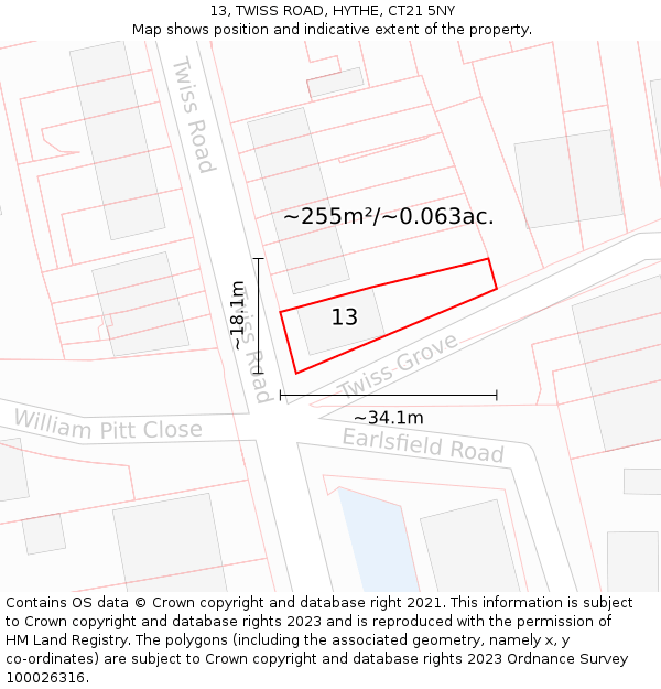 13, TWISS ROAD, HYTHE, CT21 5NY: Plot and title map