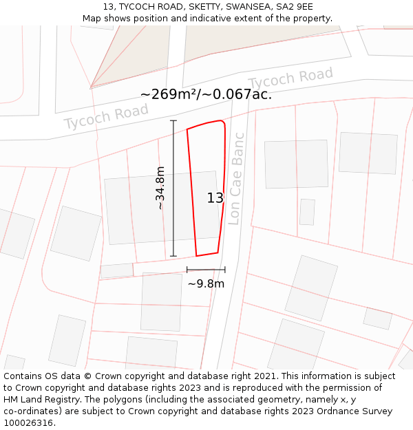 13, TYCOCH ROAD, SKETTY, SWANSEA, SA2 9EE: Plot and title map