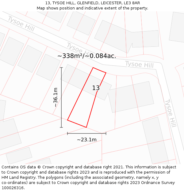 13, TYSOE HILL, GLENFIELD, LEICESTER, LE3 8AR: Plot and title map