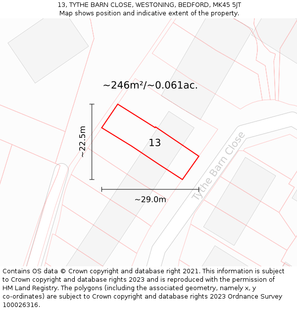 13, TYTHE BARN CLOSE, WESTONING, BEDFORD, MK45 5JT: Plot and title map