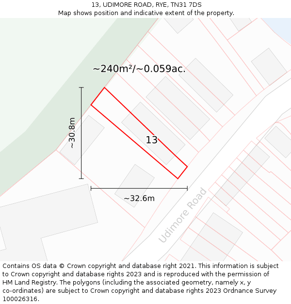 13, UDIMORE ROAD, RYE, TN31 7DS: Plot and title map