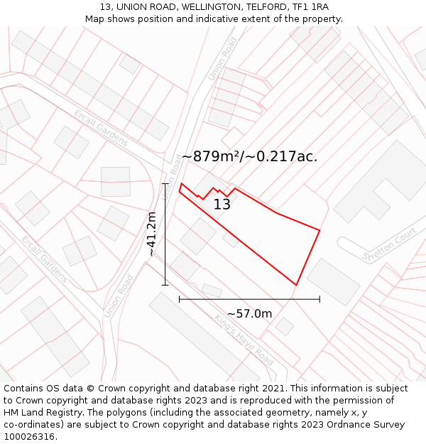 13, UNION ROAD, WELLINGTON, TELFORD, TF1 1RA: Plot and title map