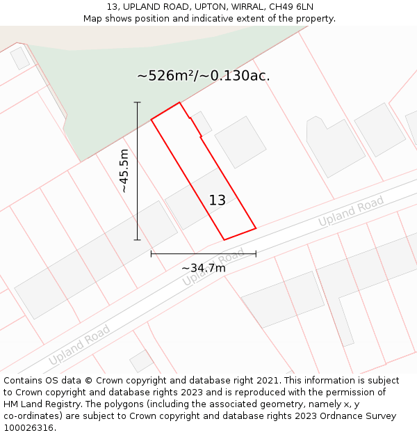 13, UPLAND ROAD, UPTON, WIRRAL, CH49 6LN: Plot and title map