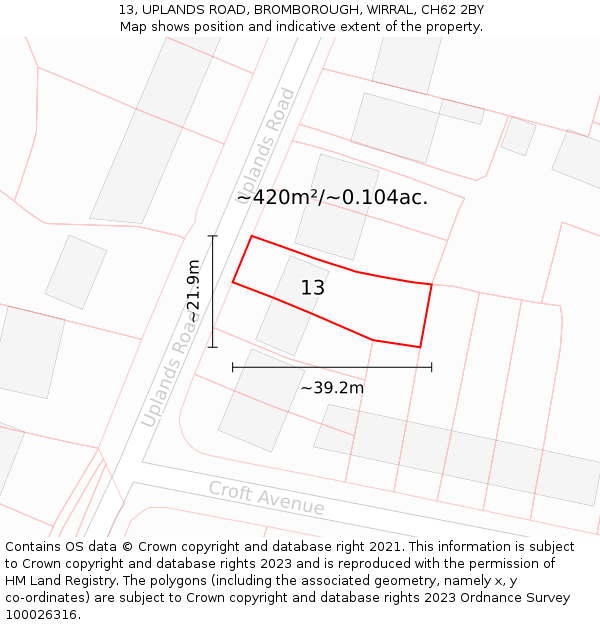 13, UPLANDS ROAD, BROMBOROUGH, WIRRAL, CH62 2BY: Plot and title map