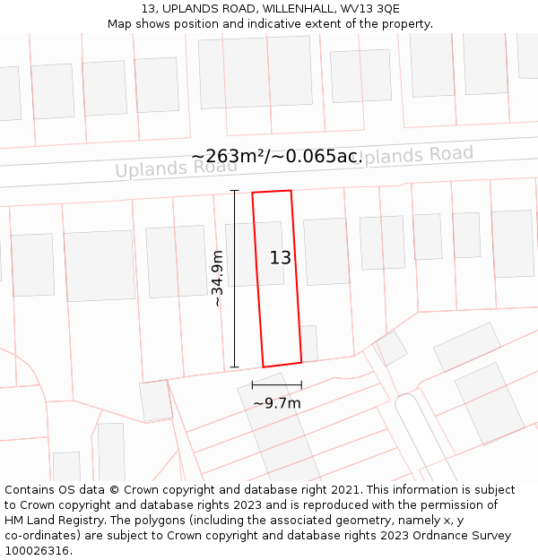 13, UPLANDS ROAD, WILLENHALL, WV13 3QE: Plot and title map