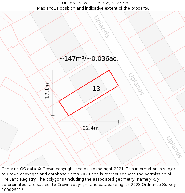 13, UPLANDS, WHITLEY BAY, NE25 9AG: Plot and title map