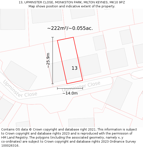 13, UPMINSTER CLOSE, MONKSTON PARK, MILTON KEYNES, MK10 9PZ: Plot and title map