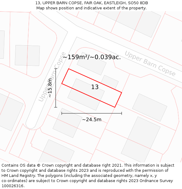 13, UPPER BARN COPSE, FAIR OAK, EASTLEIGH, SO50 8DB: Plot and title map