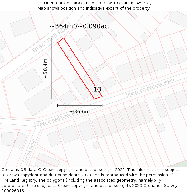 13, UPPER BROADMOOR ROAD, CROWTHORNE, RG45 7DQ: Plot and title map