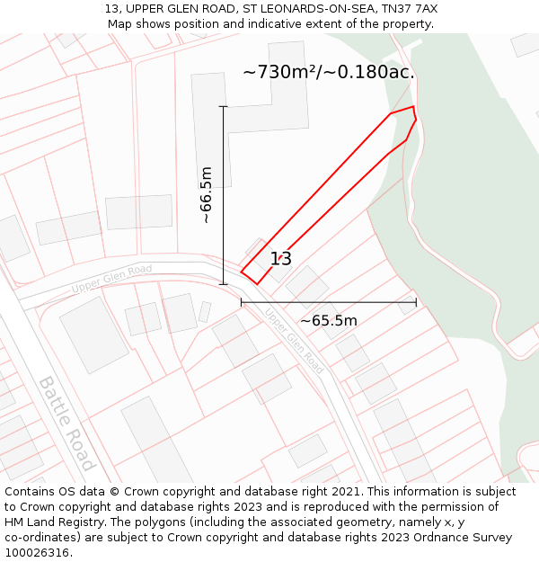 13, UPPER GLEN ROAD, ST LEONARDS-ON-SEA, TN37 7AX: Plot and title map