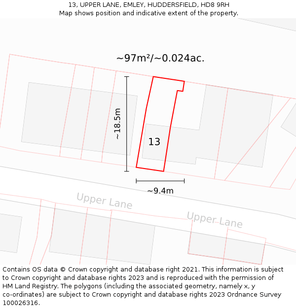 13, UPPER LANE, EMLEY, HUDDERSFIELD, HD8 9RH: Plot and title map