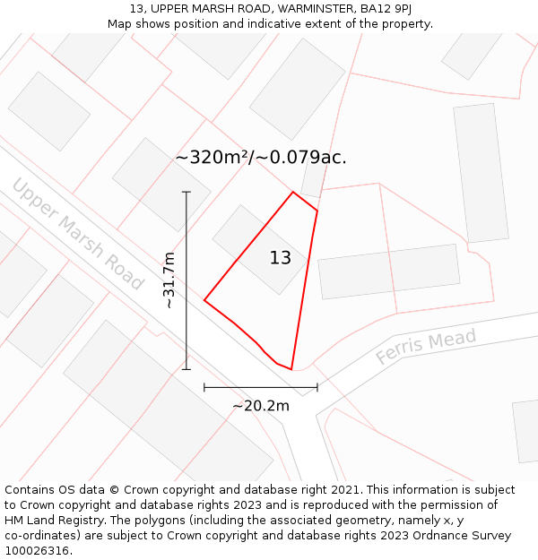 13, UPPER MARSH ROAD, WARMINSTER, BA12 9PJ: Plot and title map