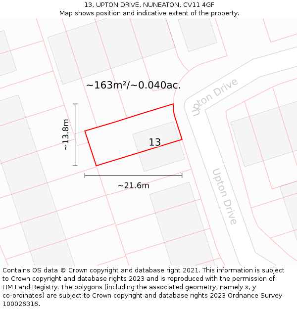 13, UPTON DRIVE, NUNEATON, CV11 4GF: Plot and title map