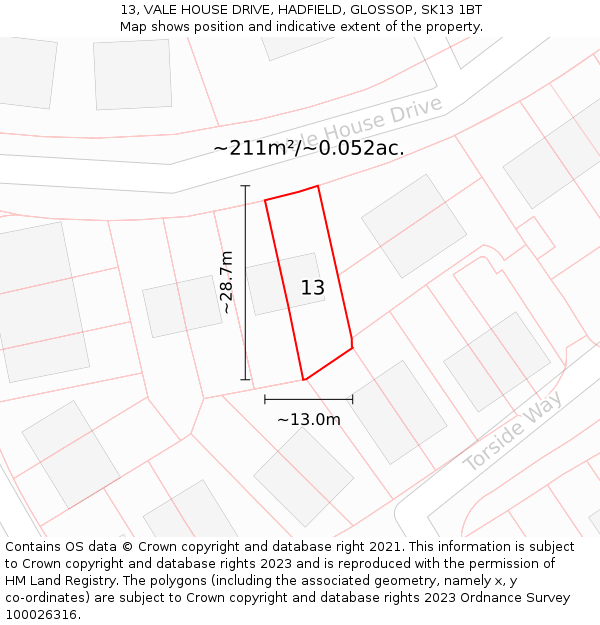 13, VALE HOUSE DRIVE, HADFIELD, GLOSSOP, SK13 1BT: Plot and title map
