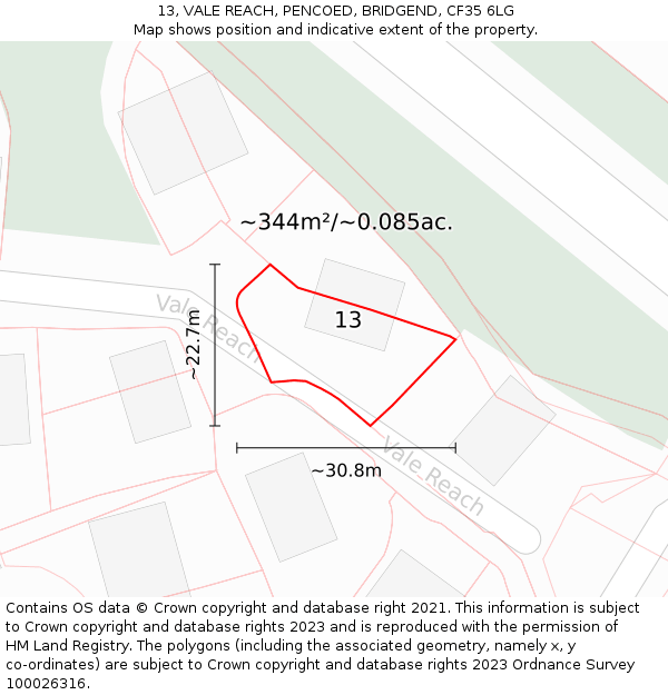 13, VALE REACH, PENCOED, BRIDGEND, CF35 6LG: Plot and title map