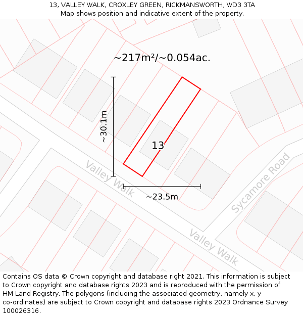 13, VALLEY WALK, CROXLEY GREEN, RICKMANSWORTH, WD3 3TA: Plot and title map