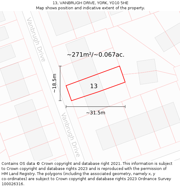 13, VANBRUGH DRIVE, YORK, YO10 5HE: Plot and title map