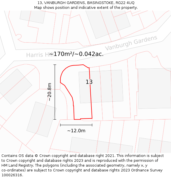 13, VANBURGH GARDENS, BASINGSTOKE, RG22 4UQ: Plot and title map