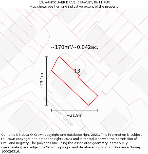 13, VANCOUVER DRIVE, CRAWLEY, RH11 7UR: Plot and title map