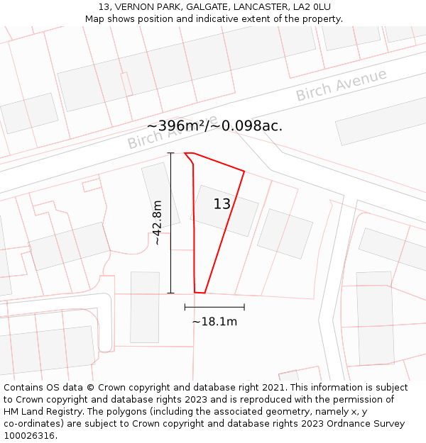13, VERNON PARK, GALGATE, LANCASTER, LA2 0LU: Plot and title map