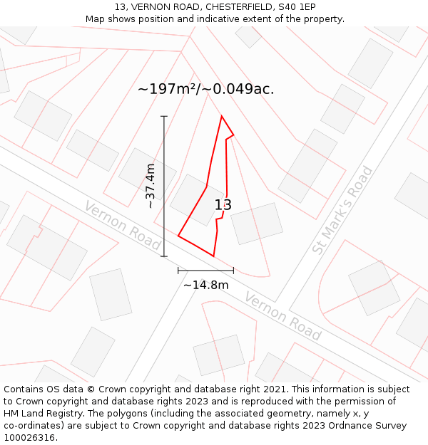 13, VERNON ROAD, CHESTERFIELD, S40 1EP: Plot and title map