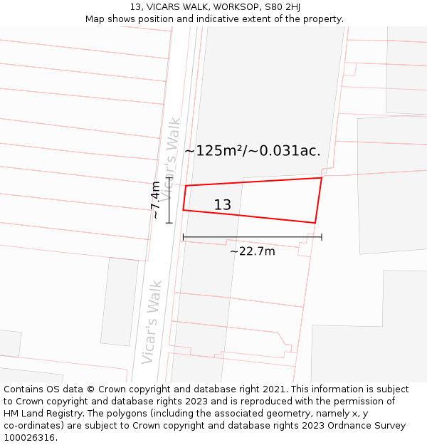 13, VICARS WALK, WORKSOP, S80 2HJ: Plot and title map