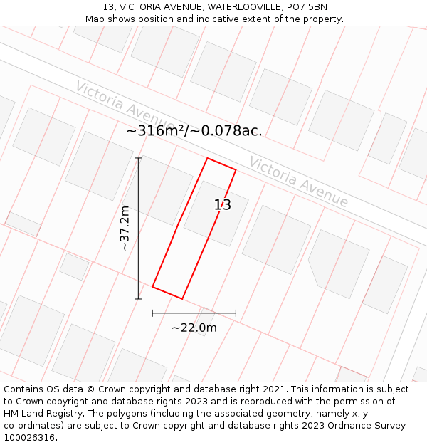 13, VICTORIA AVENUE, WATERLOOVILLE, PO7 5BN: Plot and title map