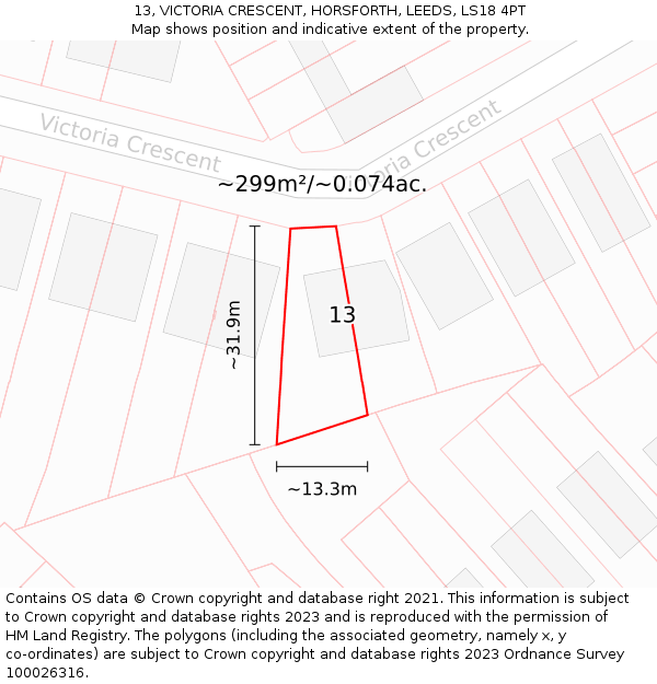 13, VICTORIA CRESCENT, HORSFORTH, LEEDS, LS18 4PT: Plot and title map