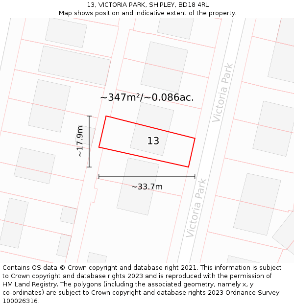 13, VICTORIA PARK, SHIPLEY, BD18 4RL: Plot and title map