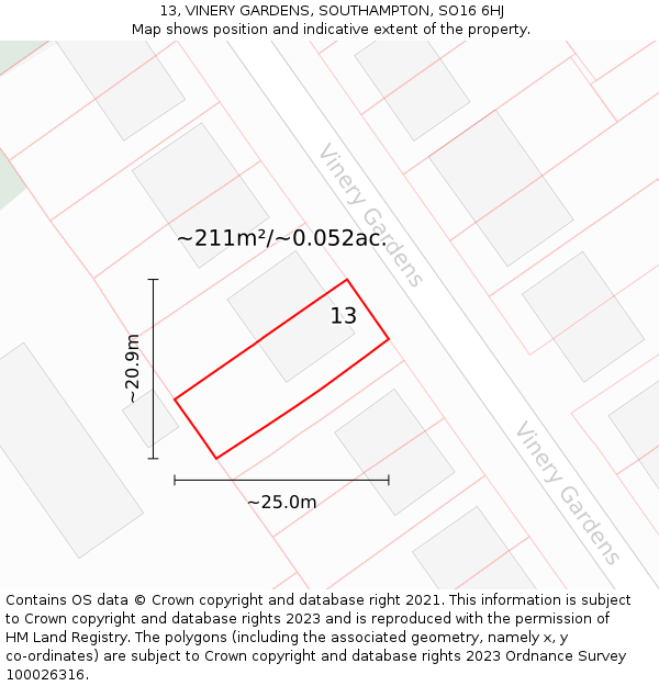 13, VINERY GARDENS, SOUTHAMPTON, SO16 6HJ: Plot and title map