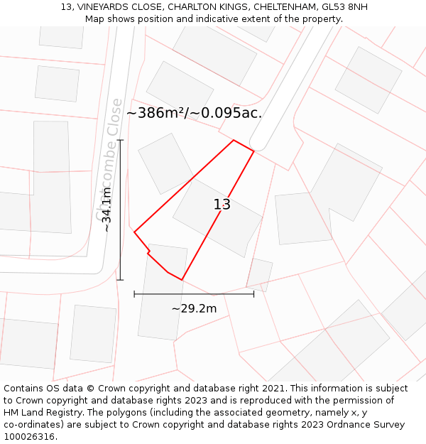 13, VINEYARDS CLOSE, CHARLTON KINGS, CHELTENHAM, GL53 8NH: Plot and title map