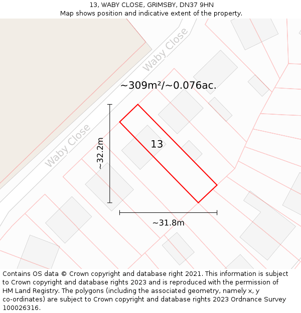13, WABY CLOSE, GRIMSBY, DN37 9HN: Plot and title map
