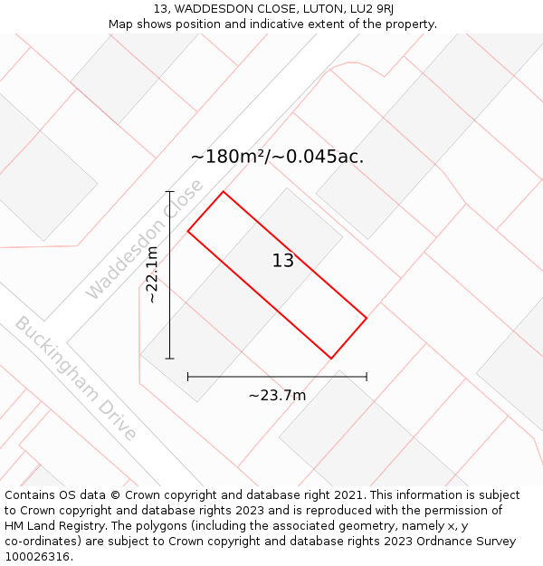 13, WADDESDON CLOSE, LUTON, LU2 9RJ: Plot and title map