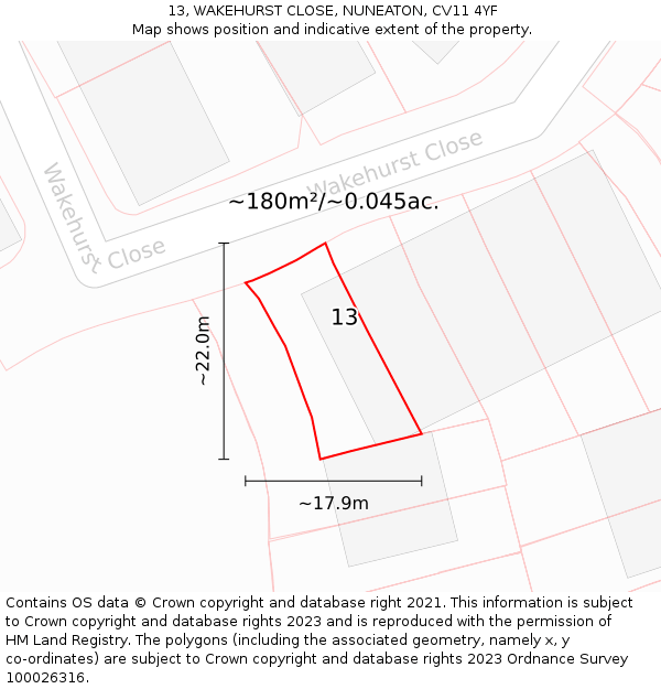 13, WAKEHURST CLOSE, NUNEATON, CV11 4YF: Plot and title map