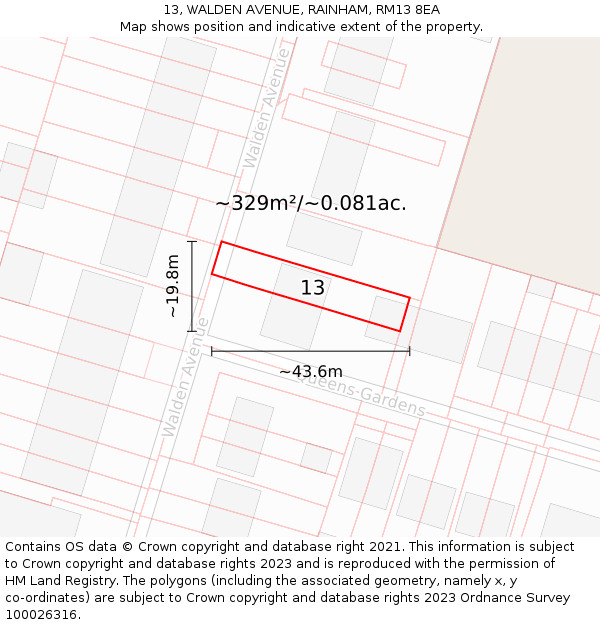13, WALDEN AVENUE, RAINHAM, RM13 8EA: Plot and title map