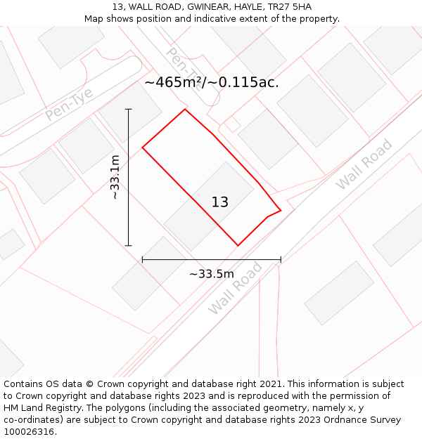 13, WALL ROAD, GWINEAR, HAYLE, TR27 5HA: Plot and title map