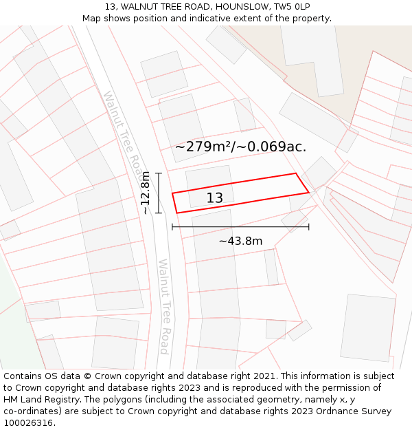 13, WALNUT TREE ROAD, HOUNSLOW, TW5 0LP: Plot and title map