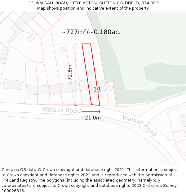 13, WALSALL ROAD, LITTLE ASTON, SUTTON COLDFIELD, B74 3BD: Plot and title map