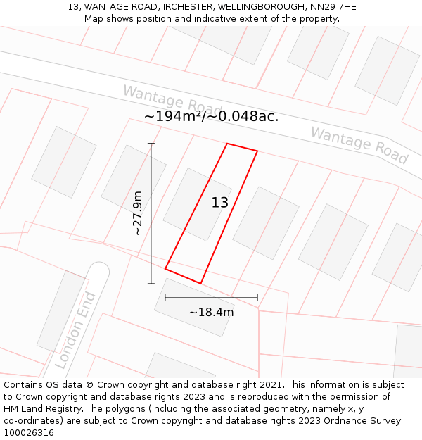 13, WANTAGE ROAD, IRCHESTER, WELLINGBOROUGH, NN29 7HE: Plot and title map