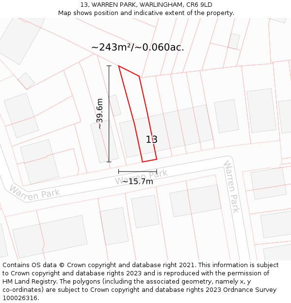 13, WARREN PARK, WARLINGHAM, CR6 9LD: Plot and title map