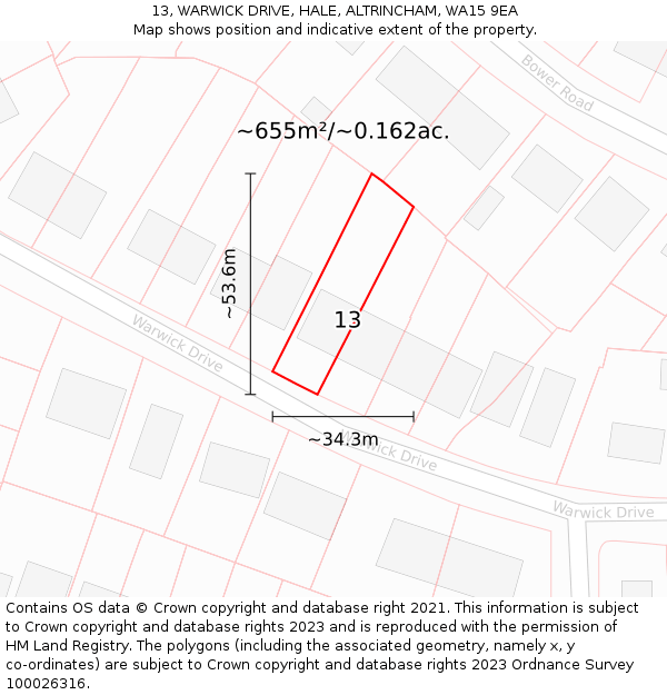13, WARWICK DRIVE, HALE, ALTRINCHAM, WA15 9EA: Plot and title map
