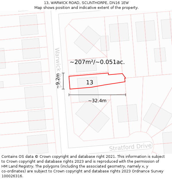 13, WARWICK ROAD, SCUNTHORPE, DN16 1EW: Plot and title map