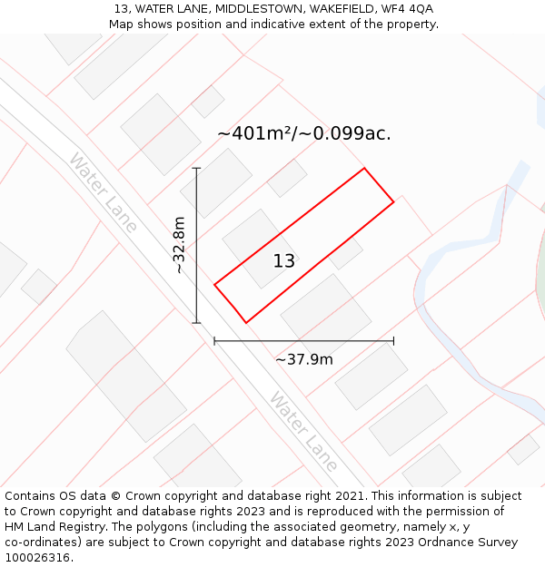 13, WATER LANE, MIDDLESTOWN, WAKEFIELD, WF4 4QA: Plot and title map