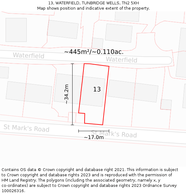 13, WATERFIELD, TUNBRIDGE WELLS, TN2 5XH: Plot and title map