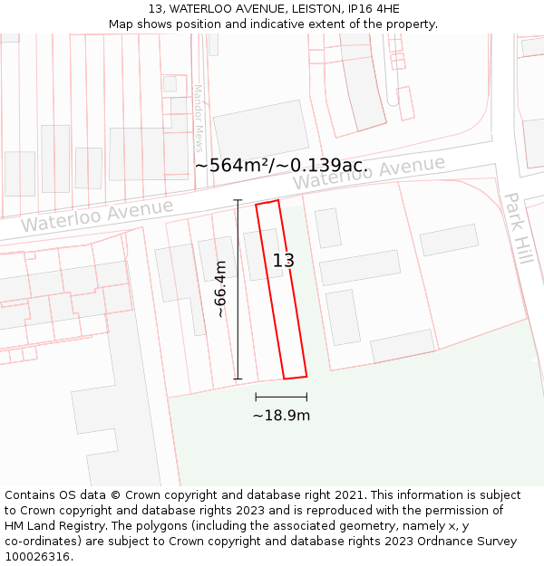 13, WATERLOO AVENUE, LEISTON, IP16 4HE: Plot and title map