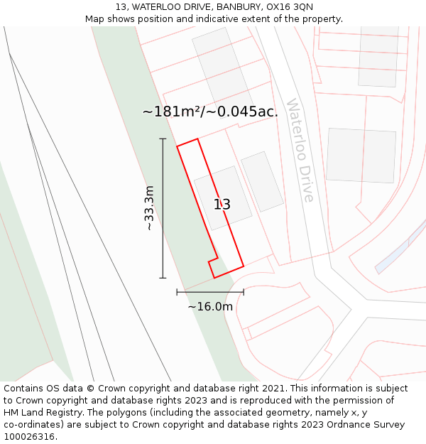 13, WATERLOO DRIVE, BANBURY, OX16 3QN: Plot and title map