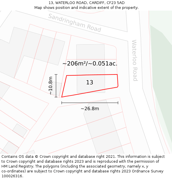13, WATERLOO ROAD, CARDIFF, CF23 5AD: Plot and title map